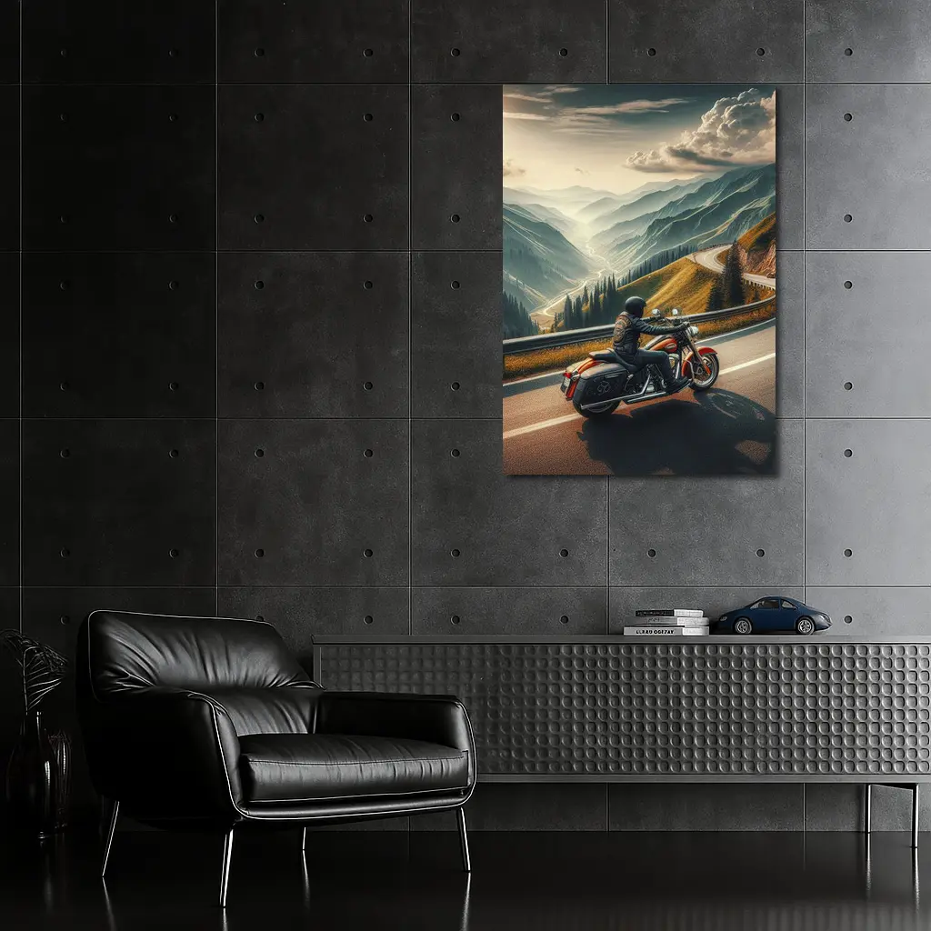 Harley Davidson Cruiser Riding Mountain Road – Wall Art