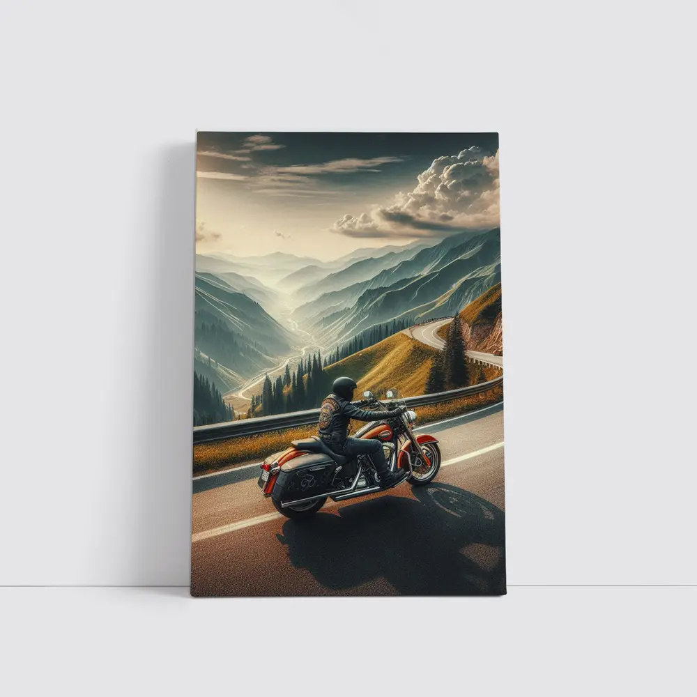 Harley Davidson Cruiser Riding Mountain Road – Wall Art