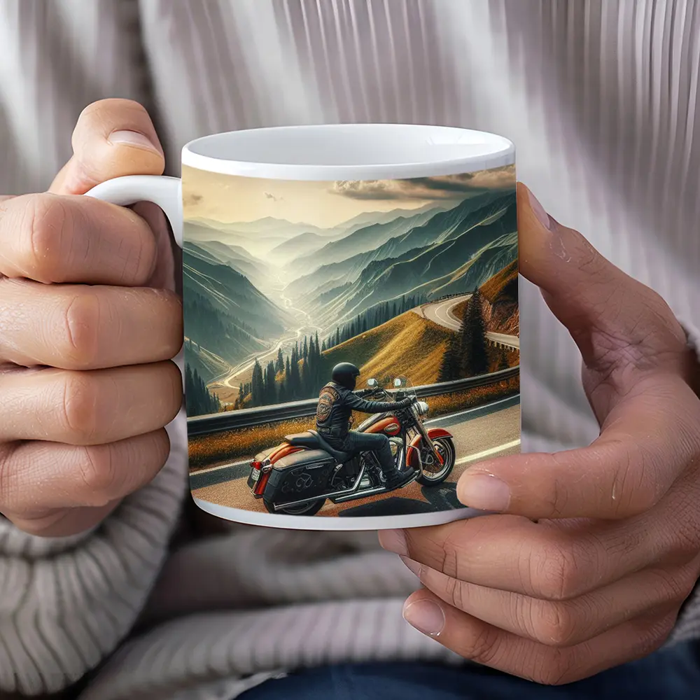 Harley Davidson Cruiser Riding Mountain Road – Mugs