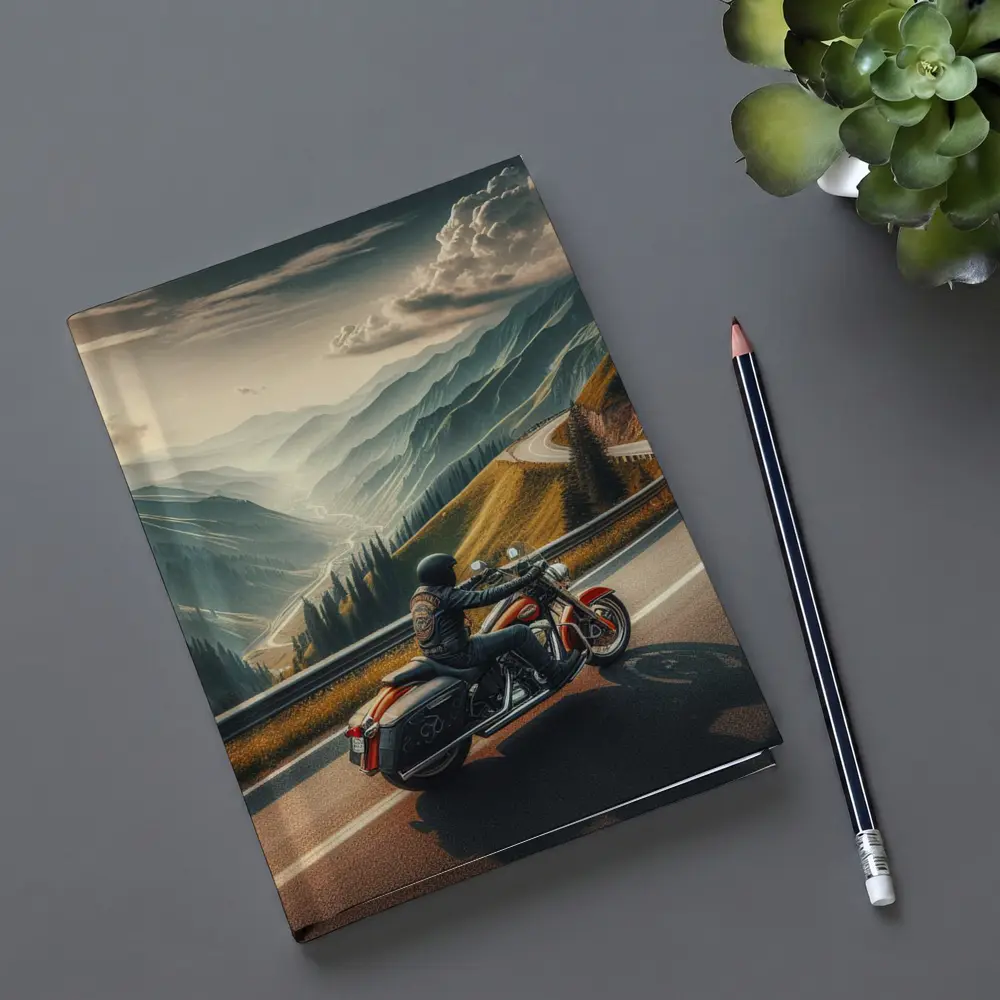 Harley Davidson Cruiser Riding Mountain Road – Notebooks