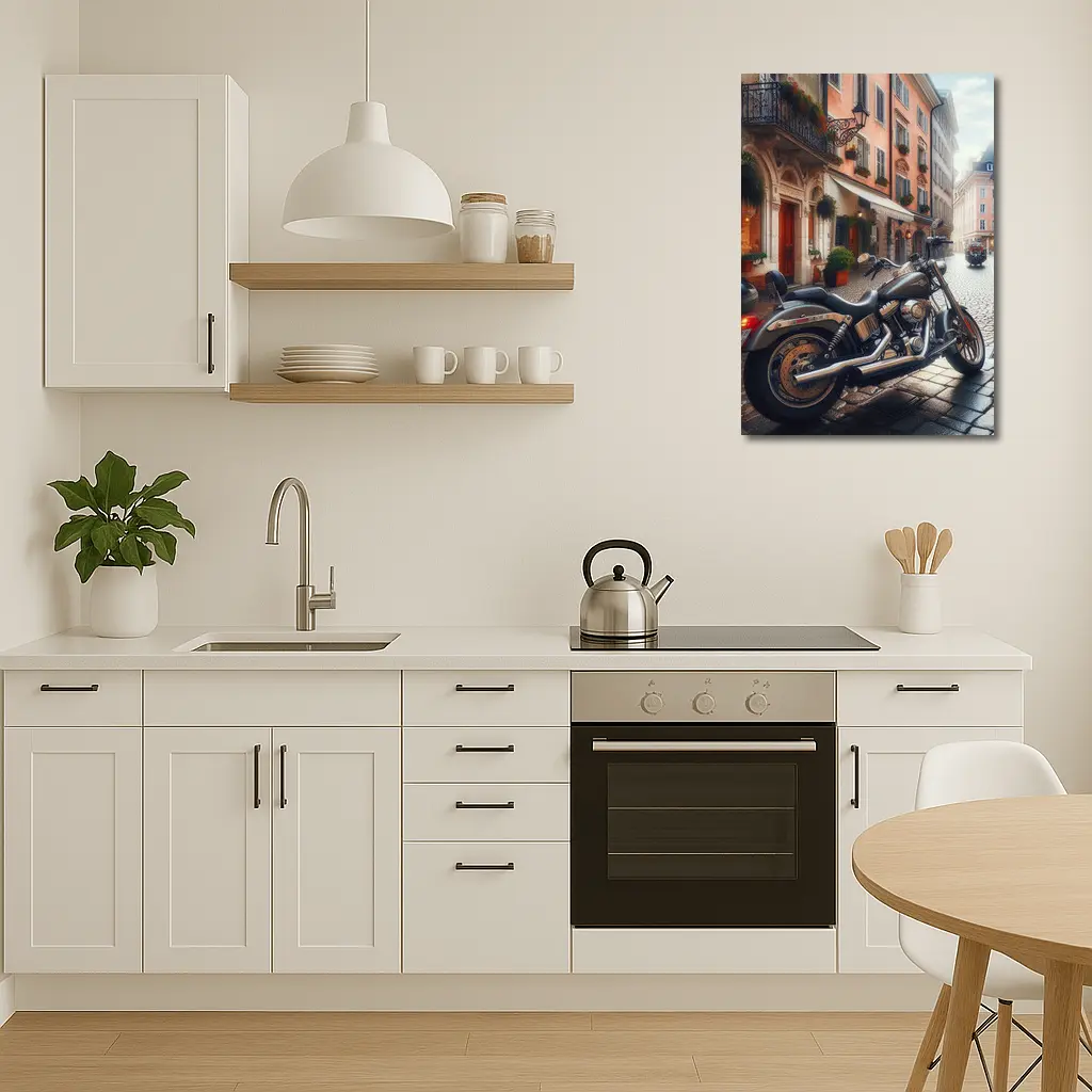 Harley Davidson Cruiser on European Cobblestone Street – Wall Art