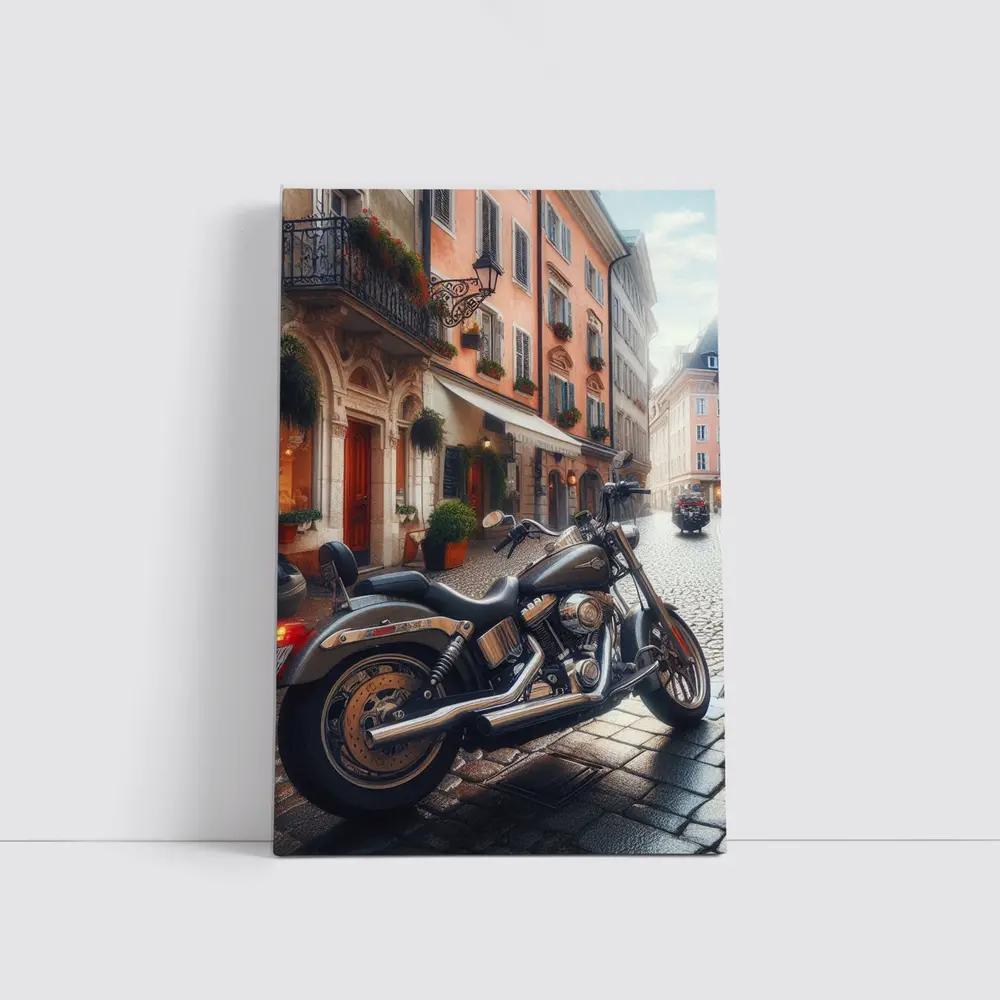 Harley Davidson Cruiser on European Cobblestone Street – Wall Art
