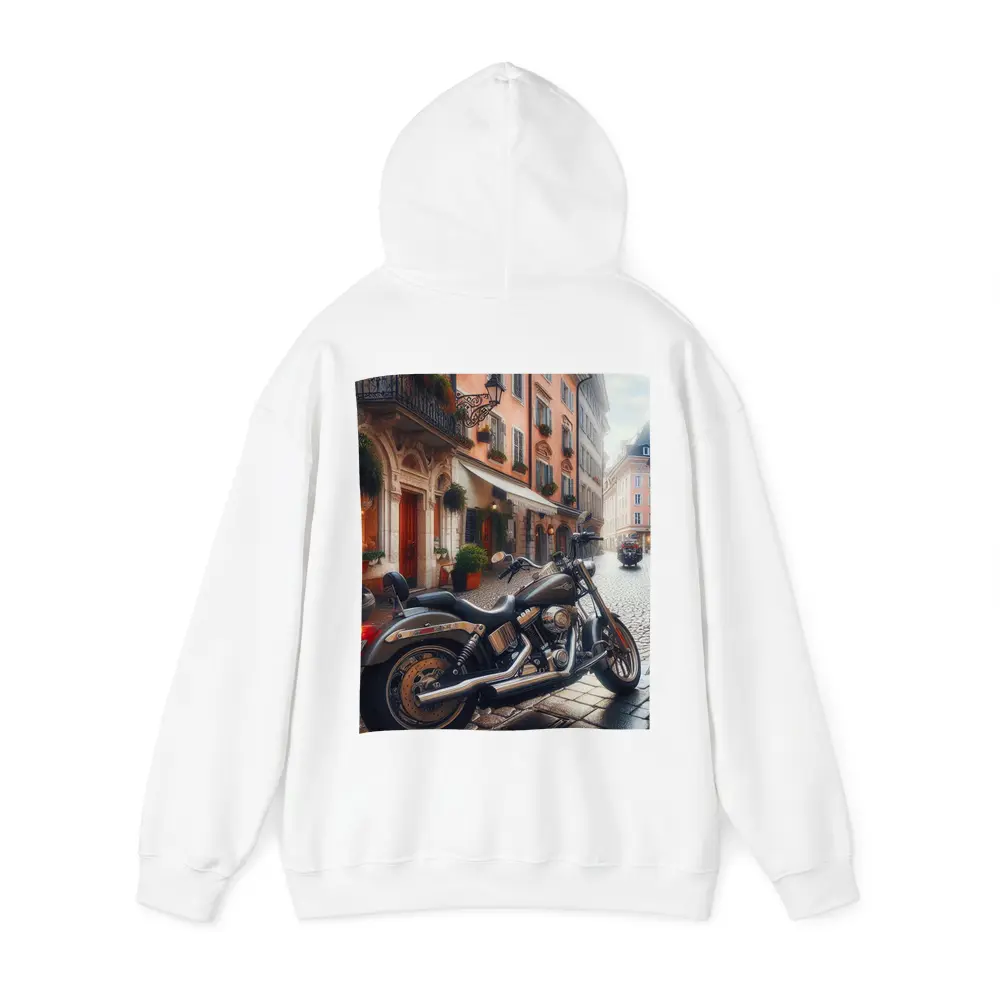 Harley Davidson Cruiser on European Cobblestone Street – Hoodies