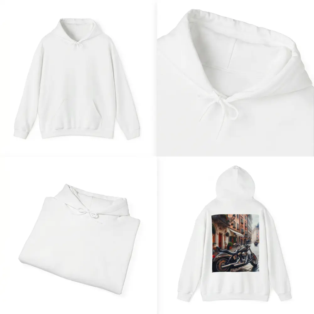 Harley Davidson Cruiser on European Cobblestone Street – Hoodies