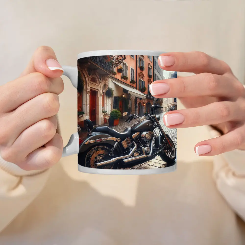 Harley Davidson Cruiser on European Cobblestone Street – Mugs