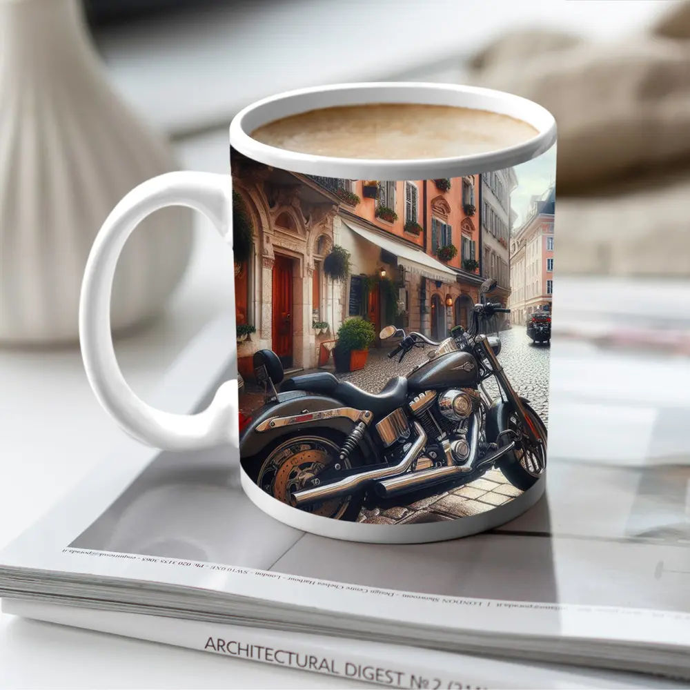 Harley Davidson Cruiser on European Cobblestone Street – Mugs
