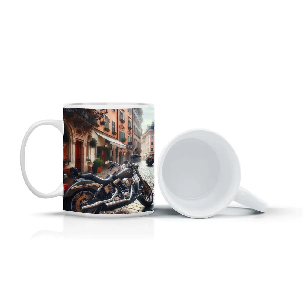 Harley Davidson Cruiser on European Cobblestone Street – Mugs