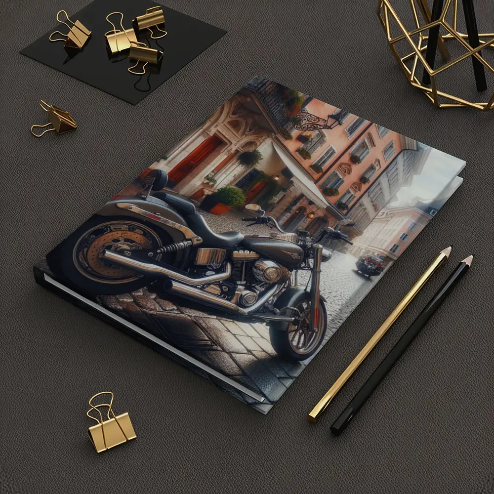 Harley Davidson Cruiser on European Cobblestone Street – Notebooks