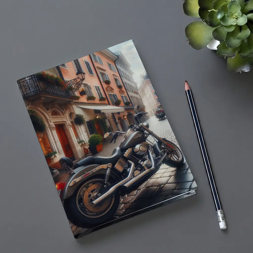 Harley Davidson Cruiser on European Cobblestone Street – Notebooks
