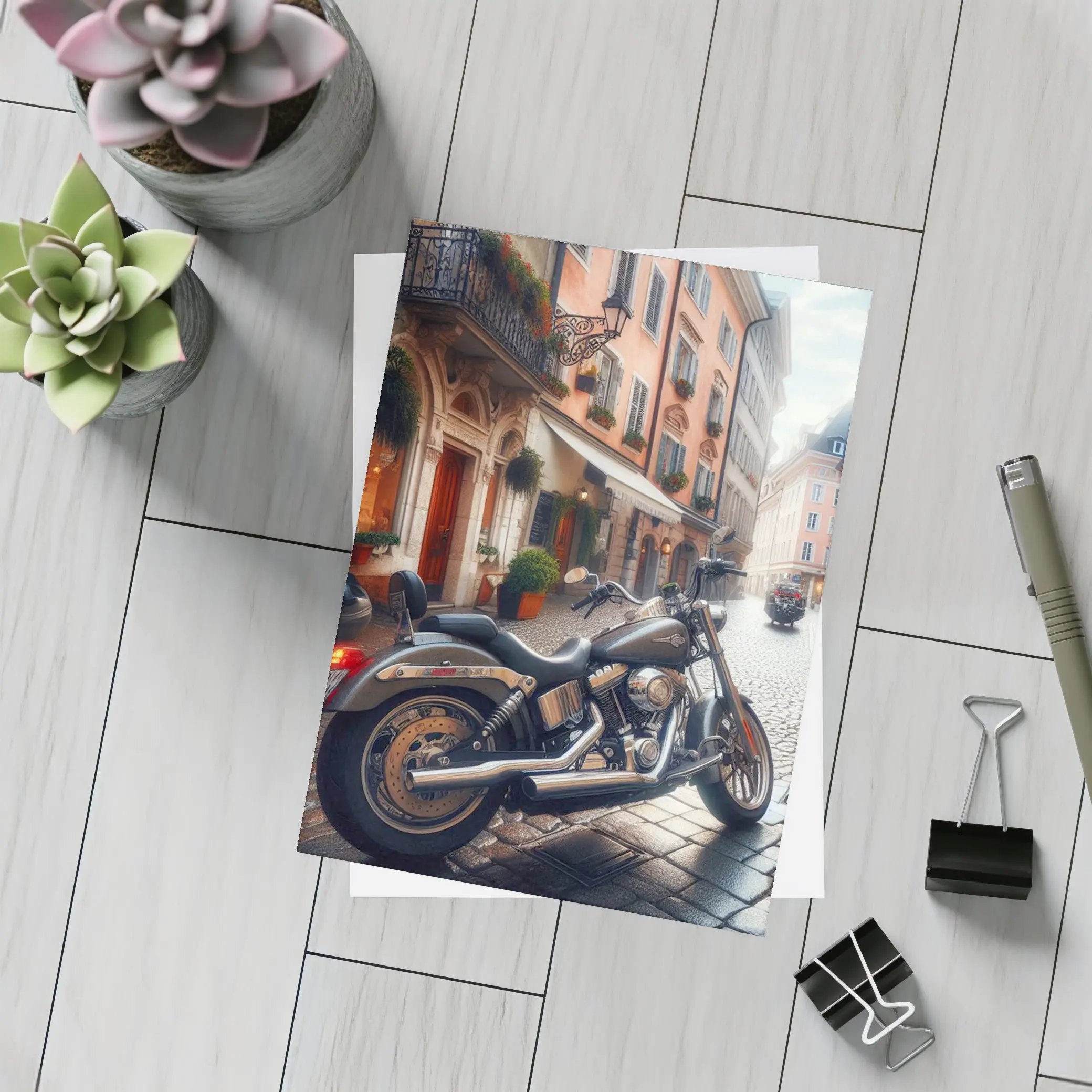 Harley Davidson Cruiser on European Cobblestone Street – Postcards