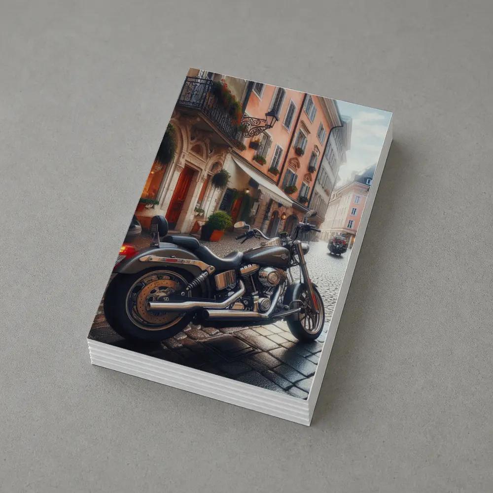 Harley Davidson Cruiser on European Cobblestone Street – Postcards