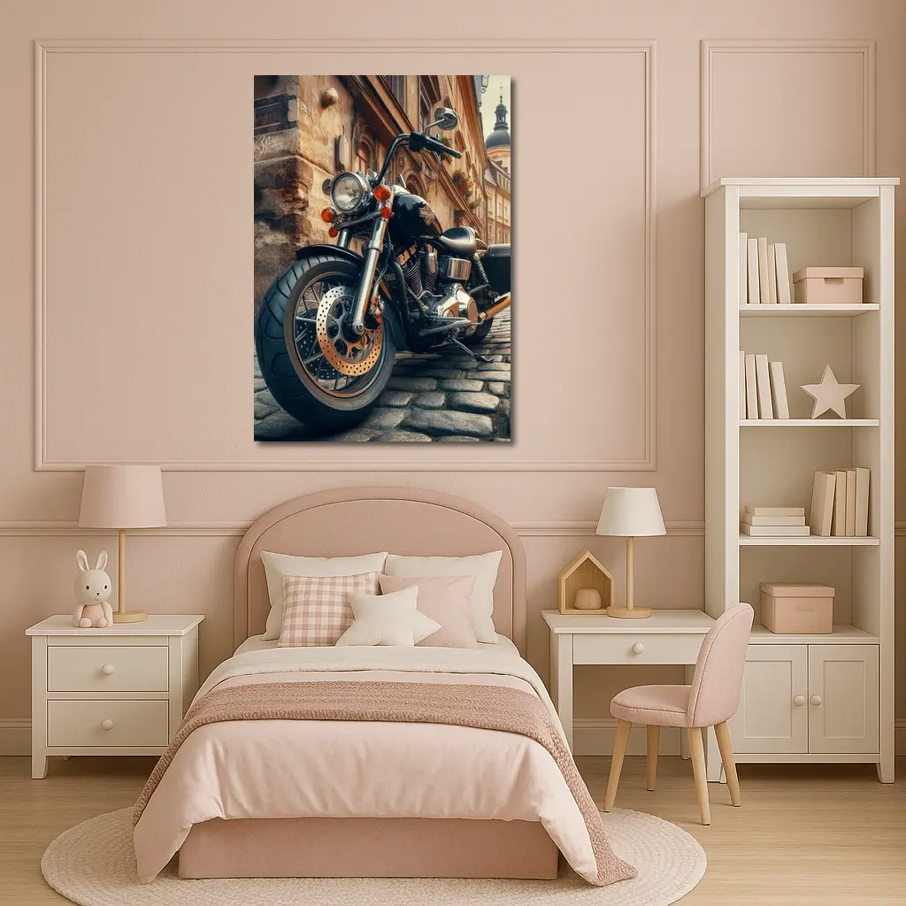 Harley Davidson Chopper on Cobblestone Street – Wall Art