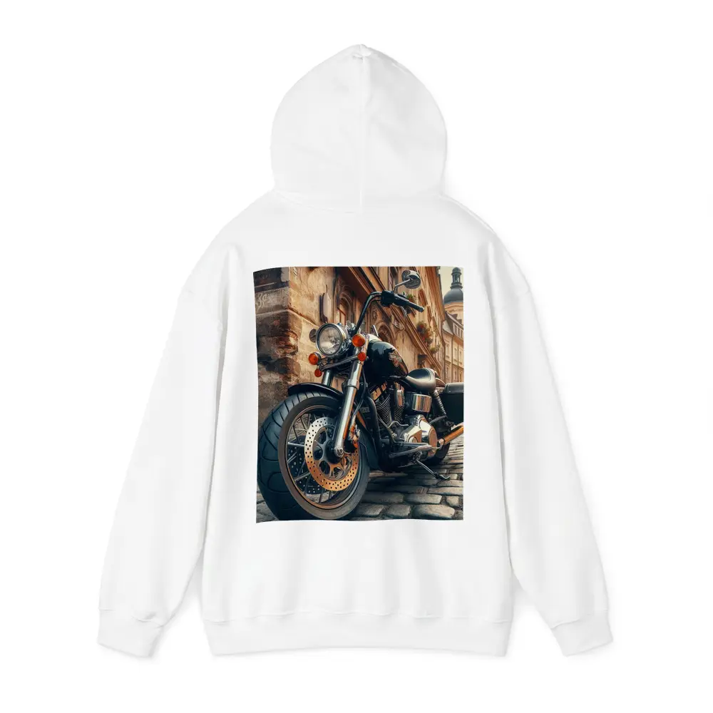 Harley Davidson Chopper on Cobblestone Street – Hoodies