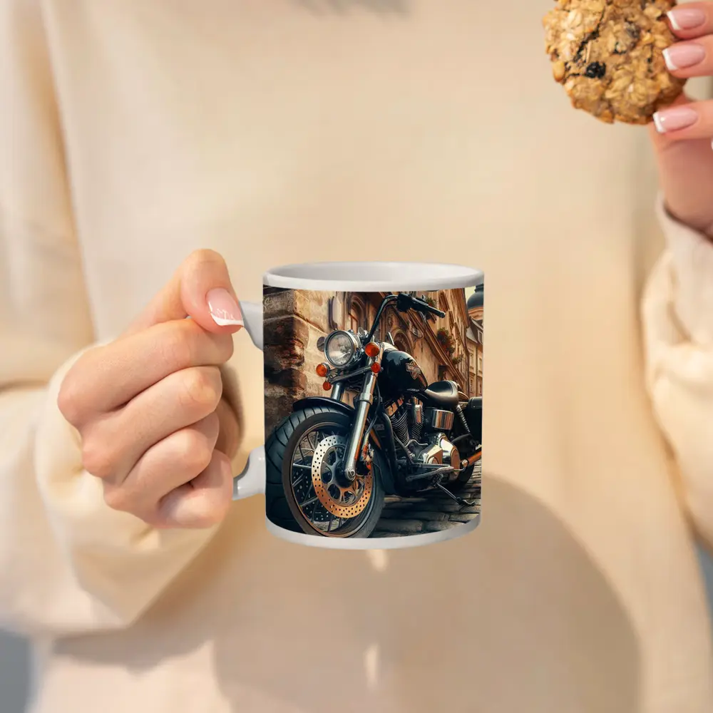 Harley Davidson Chopper on Cobblestone Street – Mugs