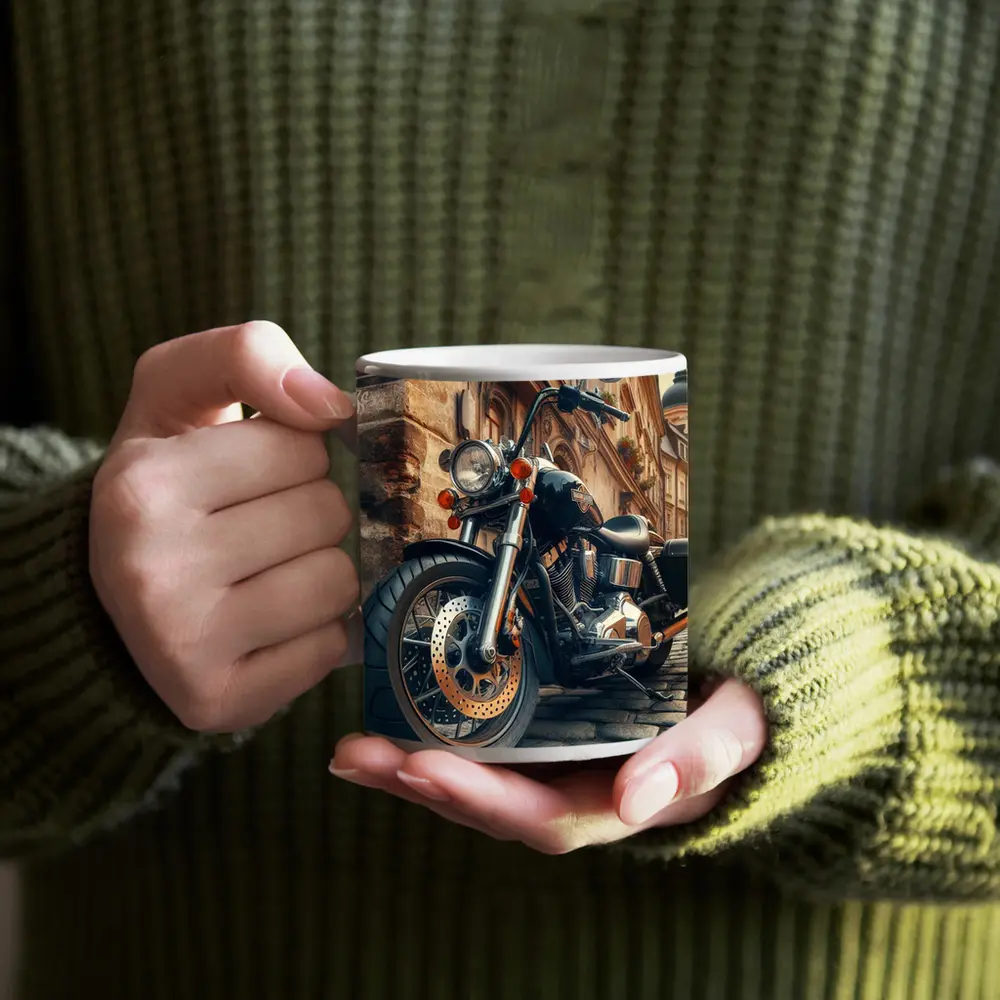 Harley Davidson Chopper on Cobblestone Street – Mugs
