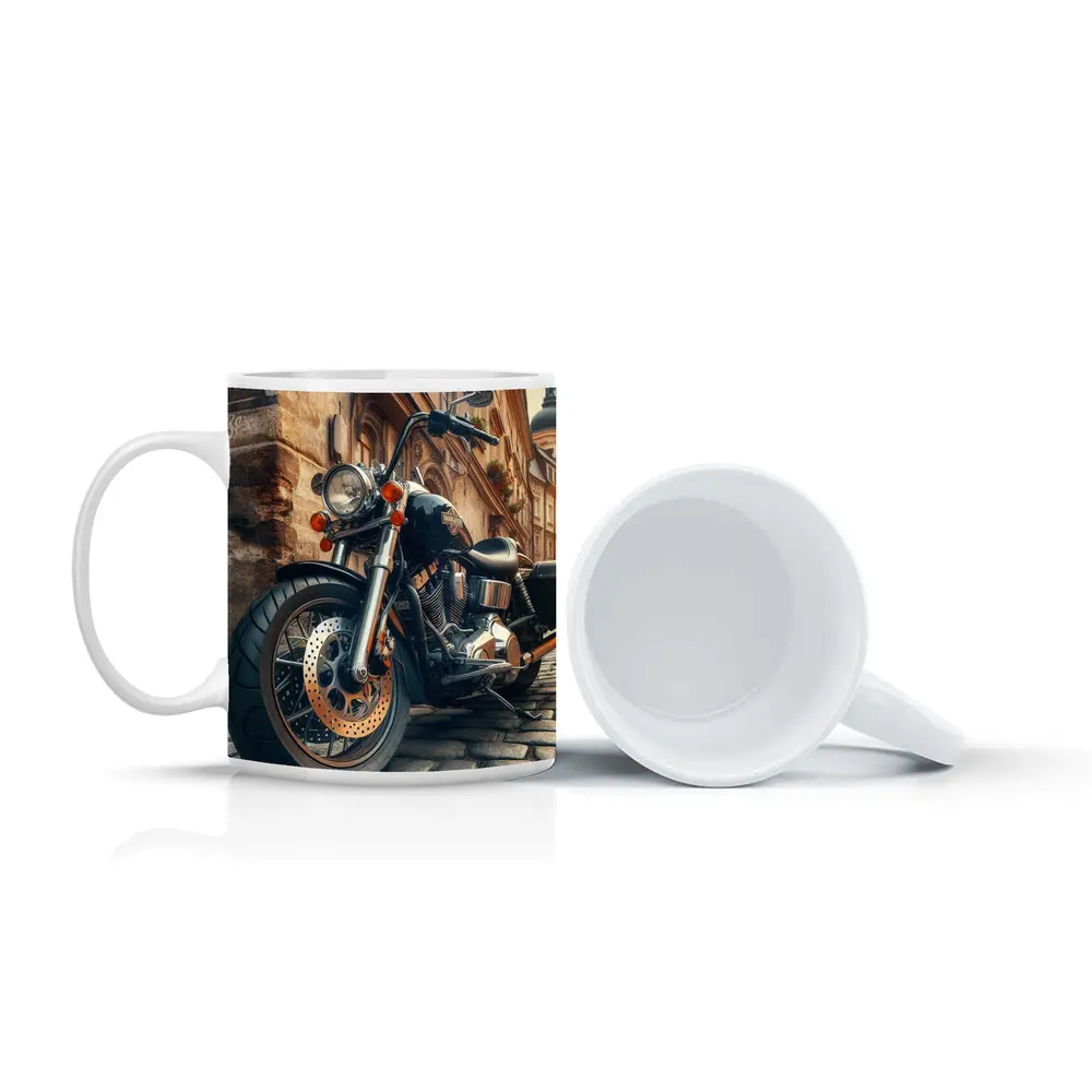 Harley Davidson Chopper on Cobblestone Street – Mugs