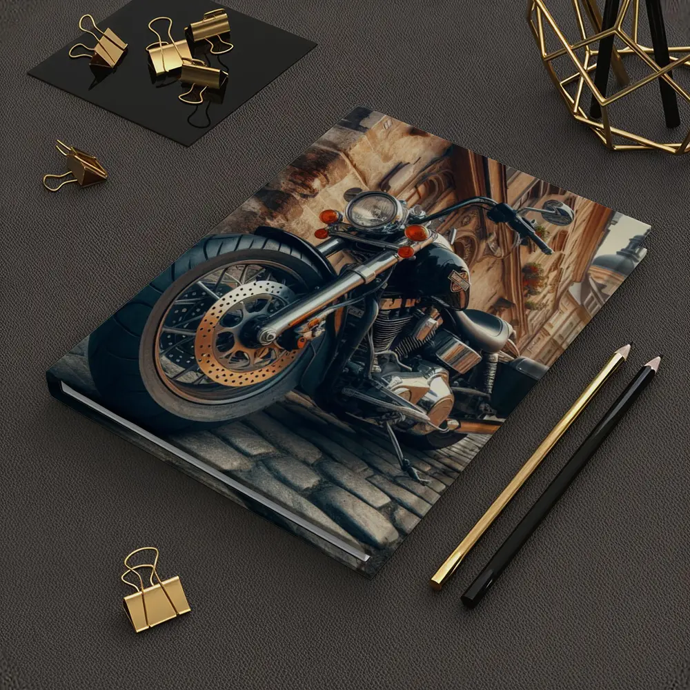 Harley Davidson Chopper on Cobblestone Street – Notebooks