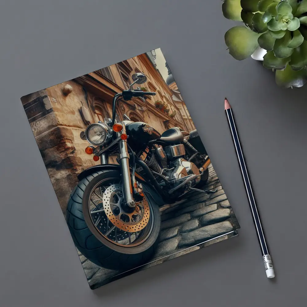 Harley Davidson Chopper on Cobblestone Street – Notebooks