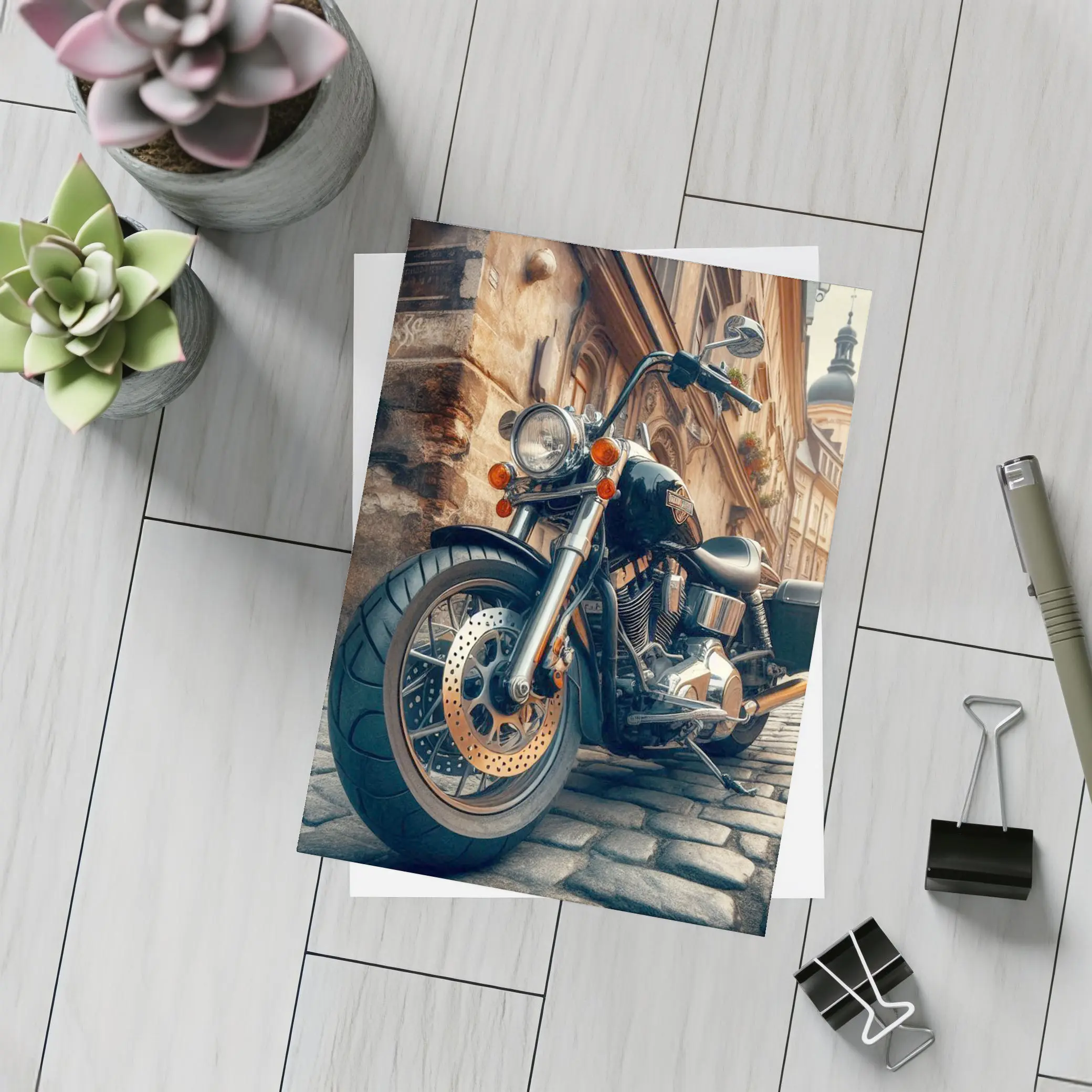Harley Davidson Chopper on Cobblestone Street – Postcards