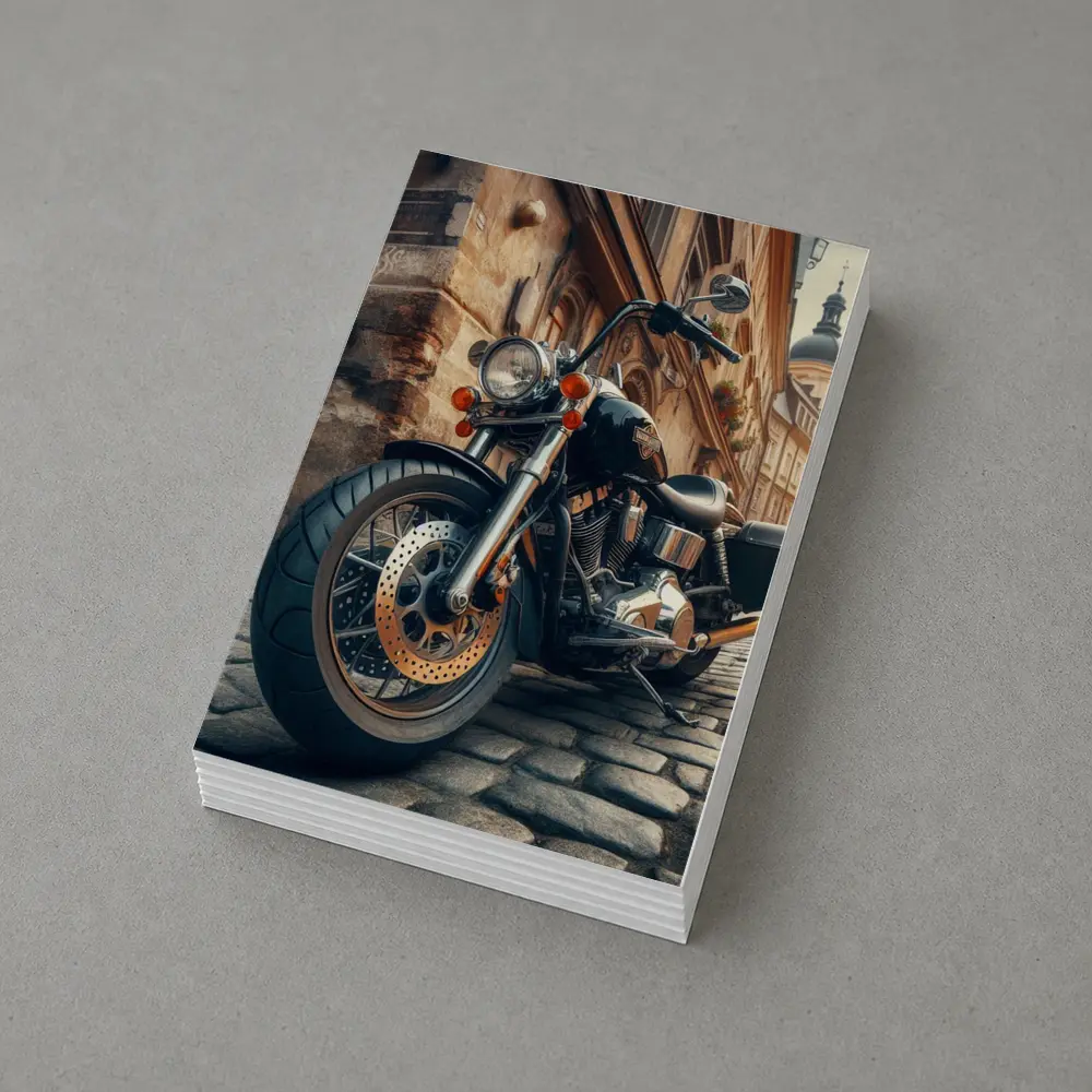 Harley Davidson Chopper on Cobblestone Street – Postcards