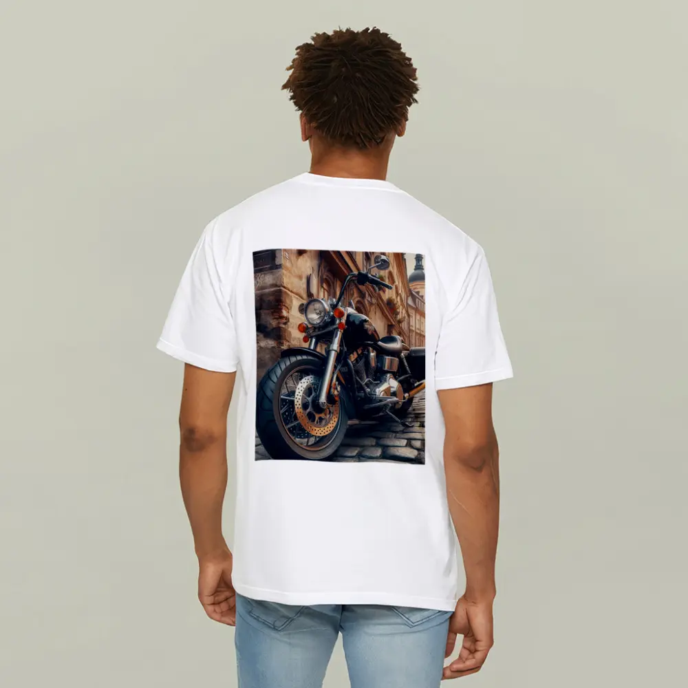 Harley Davidson Chopper on Cobblestone Street – T-Shirts