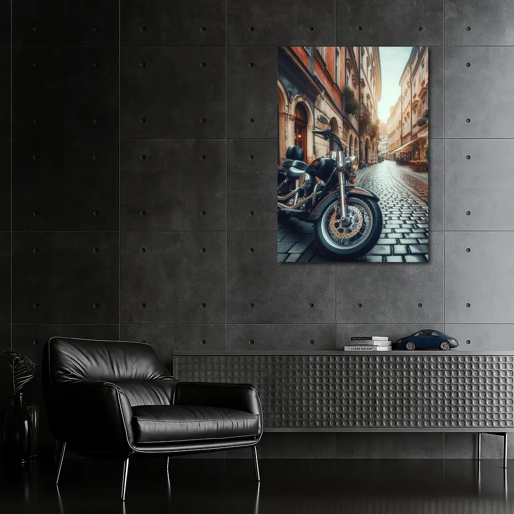 Harley Davidson Cruiser on European Cobblestone Street – Wall Art