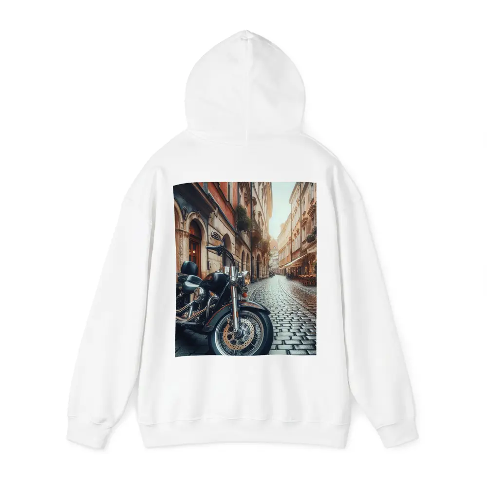 Harley Davidson Cruiser on European Cobblestone Street – Hoodies
