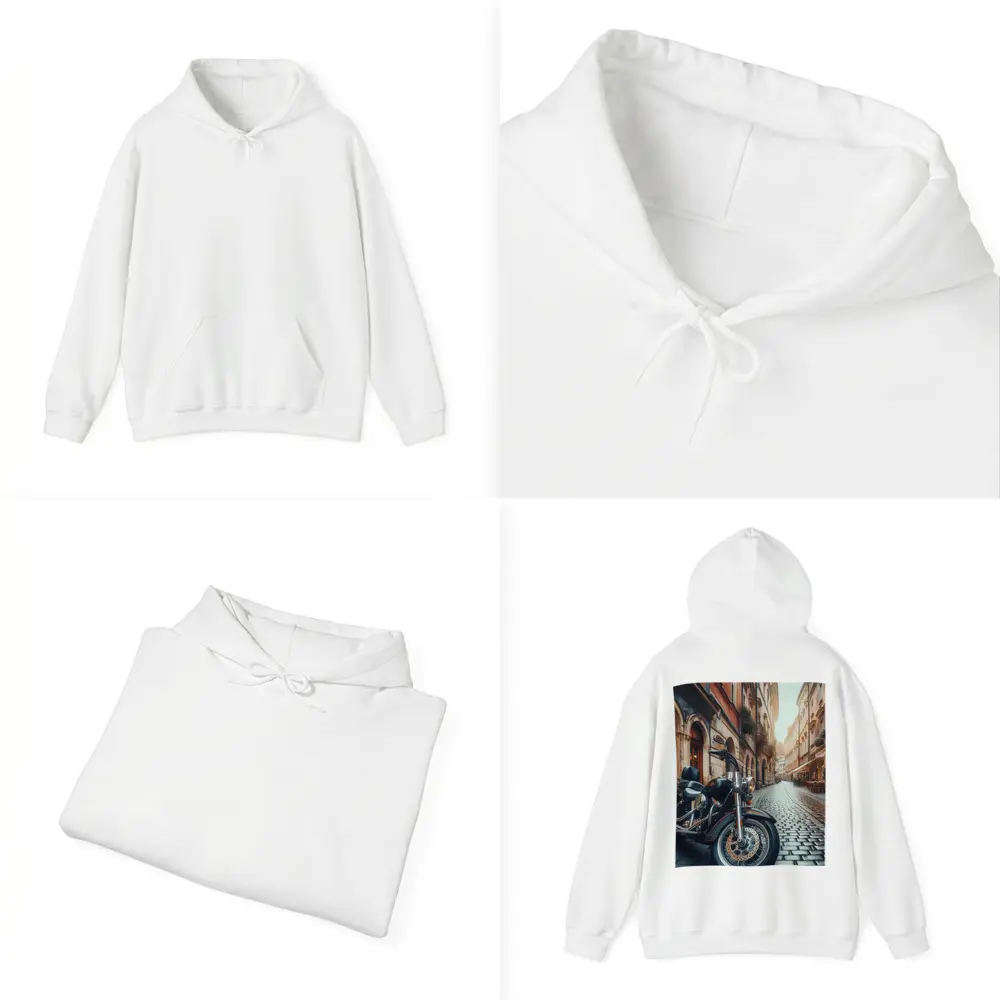 Harley Davidson Cruiser on European Cobblestone Street – Hoodies