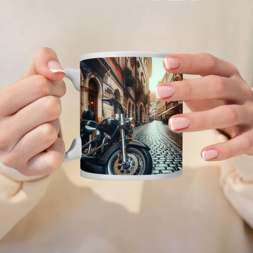 Harley Davidson Cruiser on European Cobblestone Street – Mugs