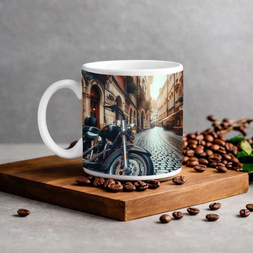 Harley Davidson Cruiser on European Cobblestone Street – Mugs