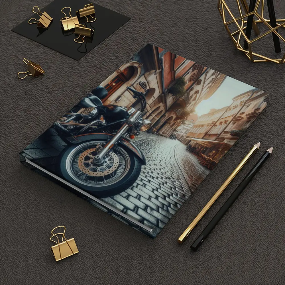 Harley Davidson Cruiser on European Cobblestone Street – Notebooks
