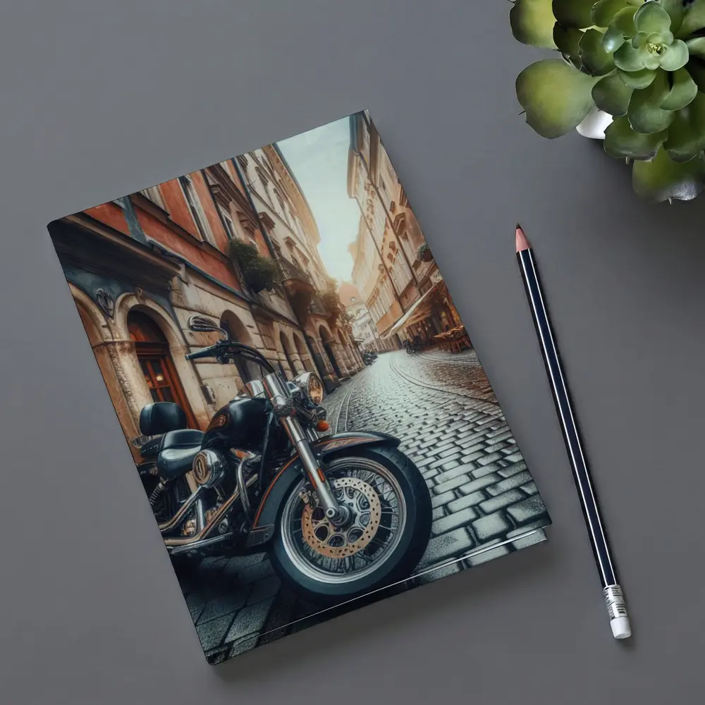 Harley Davidson Cruiser on European Cobblestone Street – Notebooks