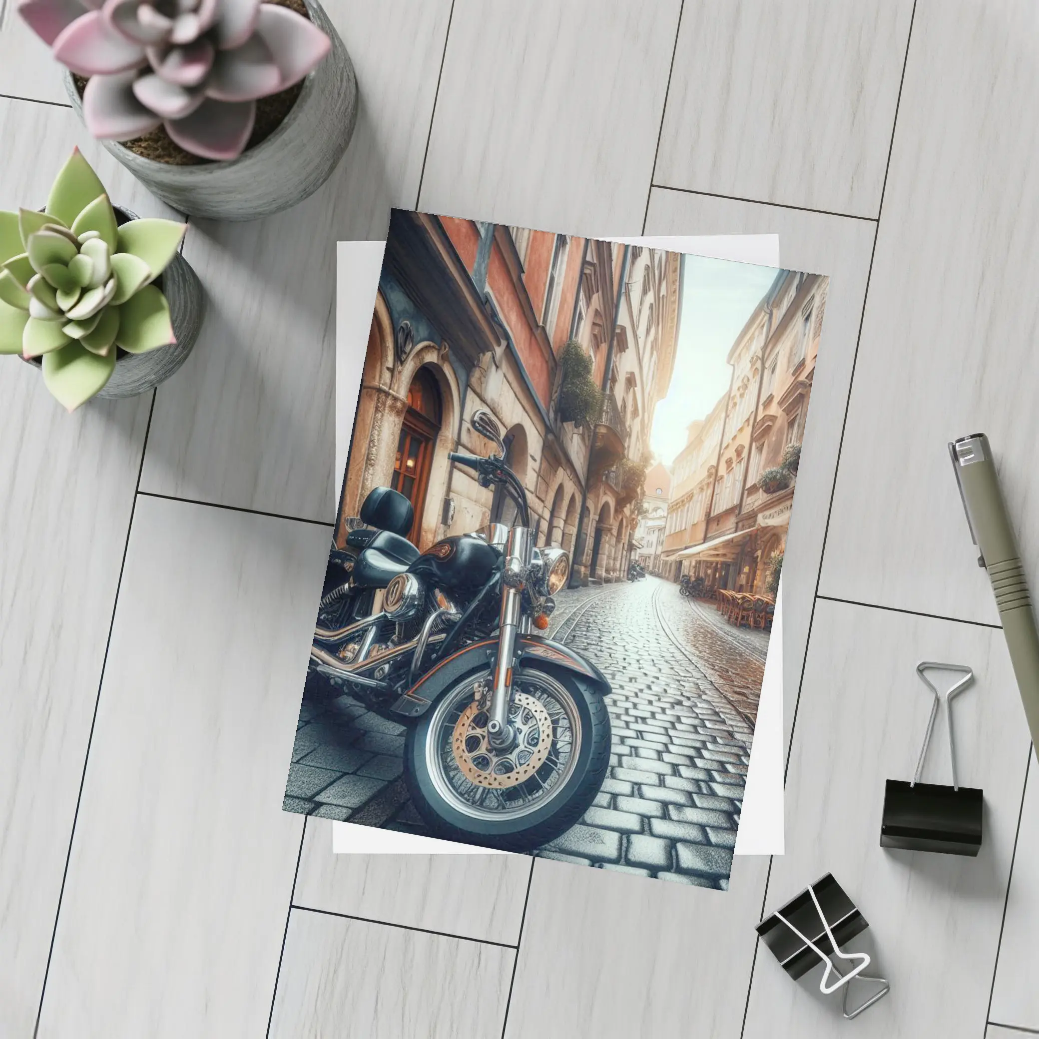 Harley Davidson Cruiser on European Cobblestone Street – Postcards