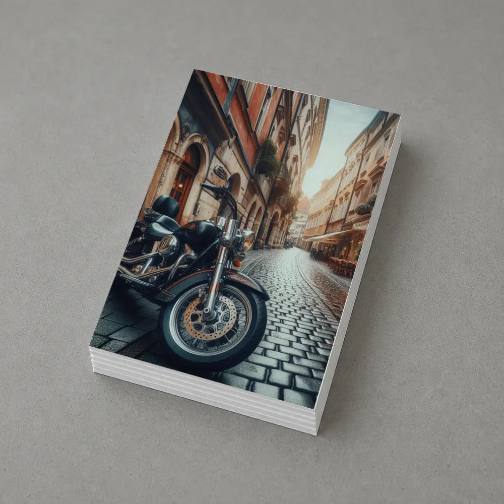 Harley Davidson Cruiser on European Cobblestone Street – Postcards