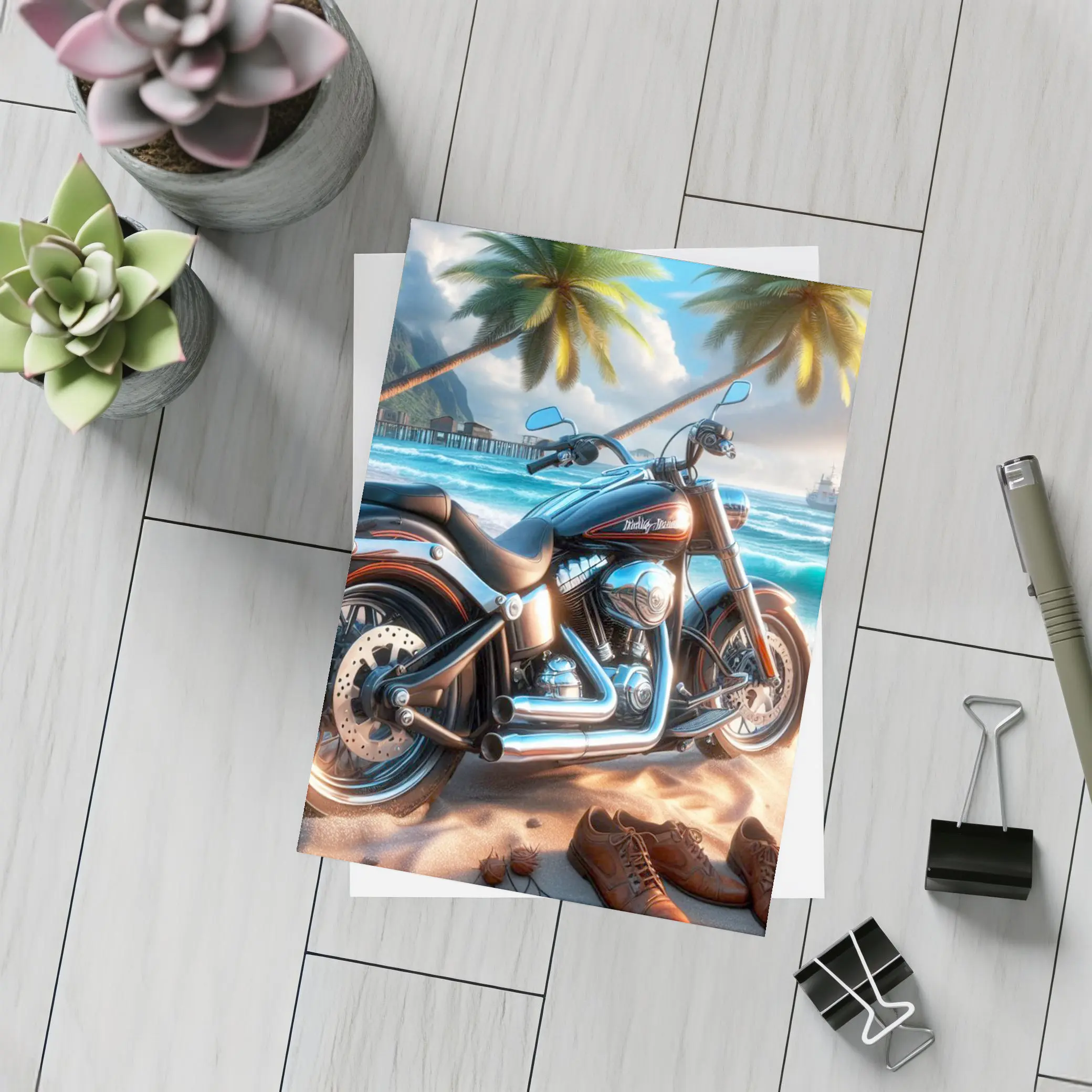 Harley Davidson Cruiser Motorcycle Tropical Beach – Postcards