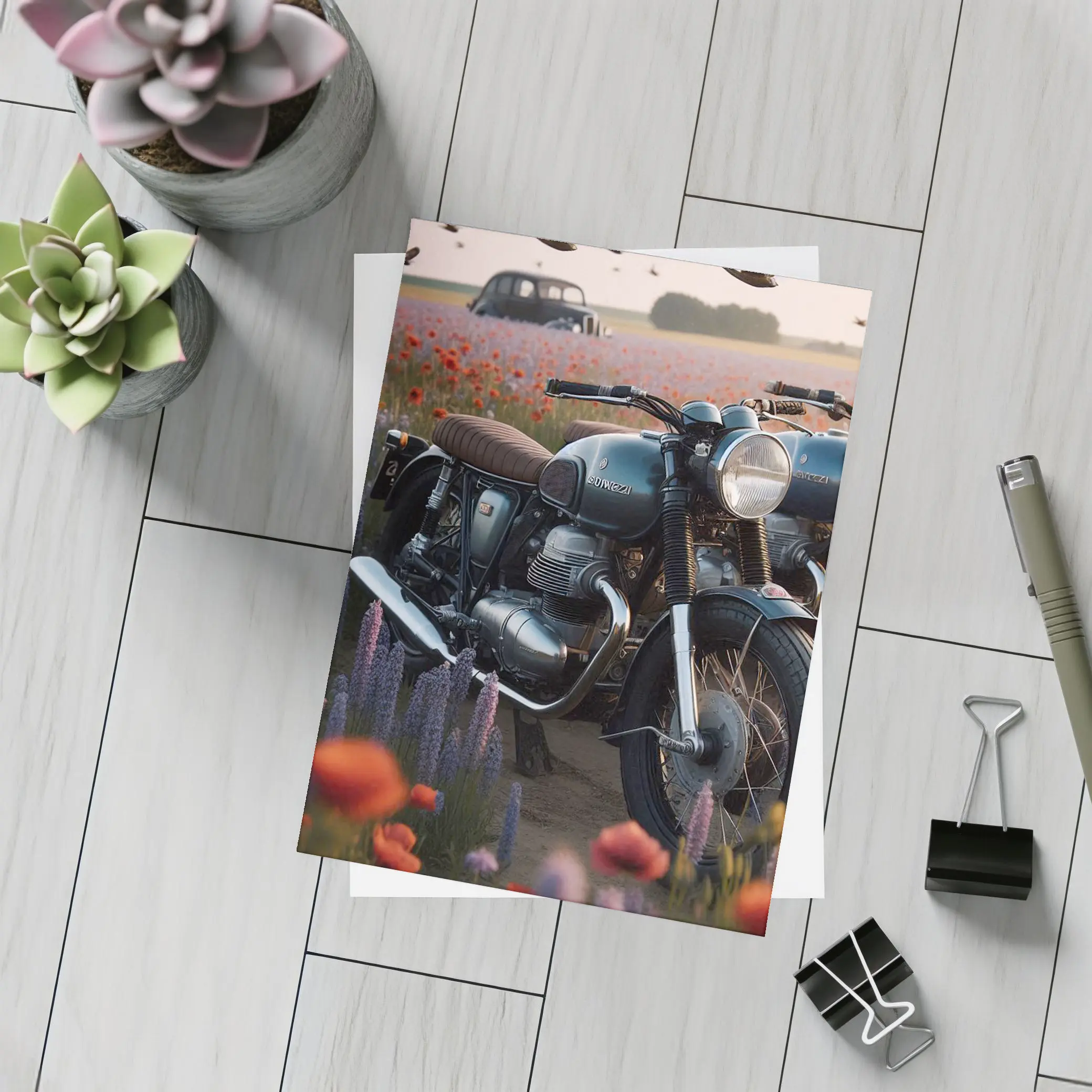 Vintage Moto Guzzi Motorcycle Poppy Field – Postcards