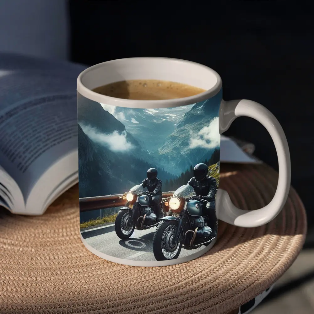 Two Classic Motorcycles on Mountain Road – Mugs