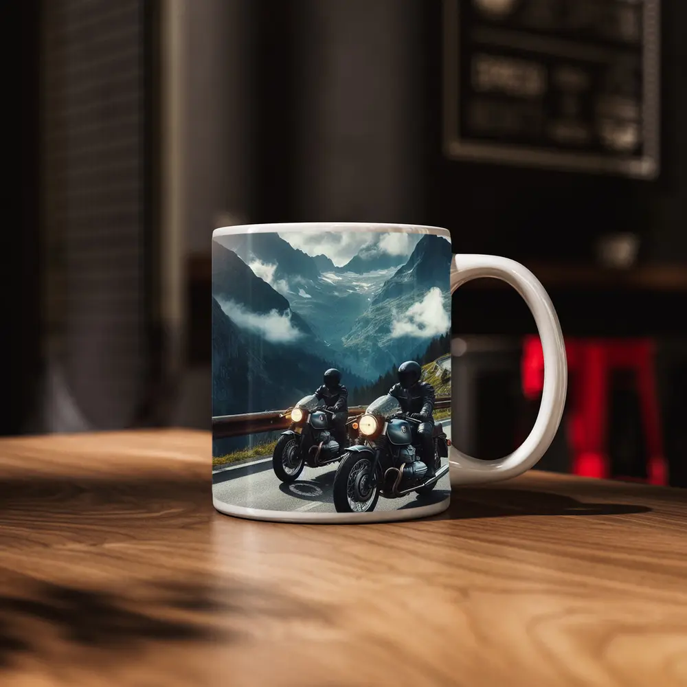 Two Classic Motorcycles on Mountain Road – Mugs