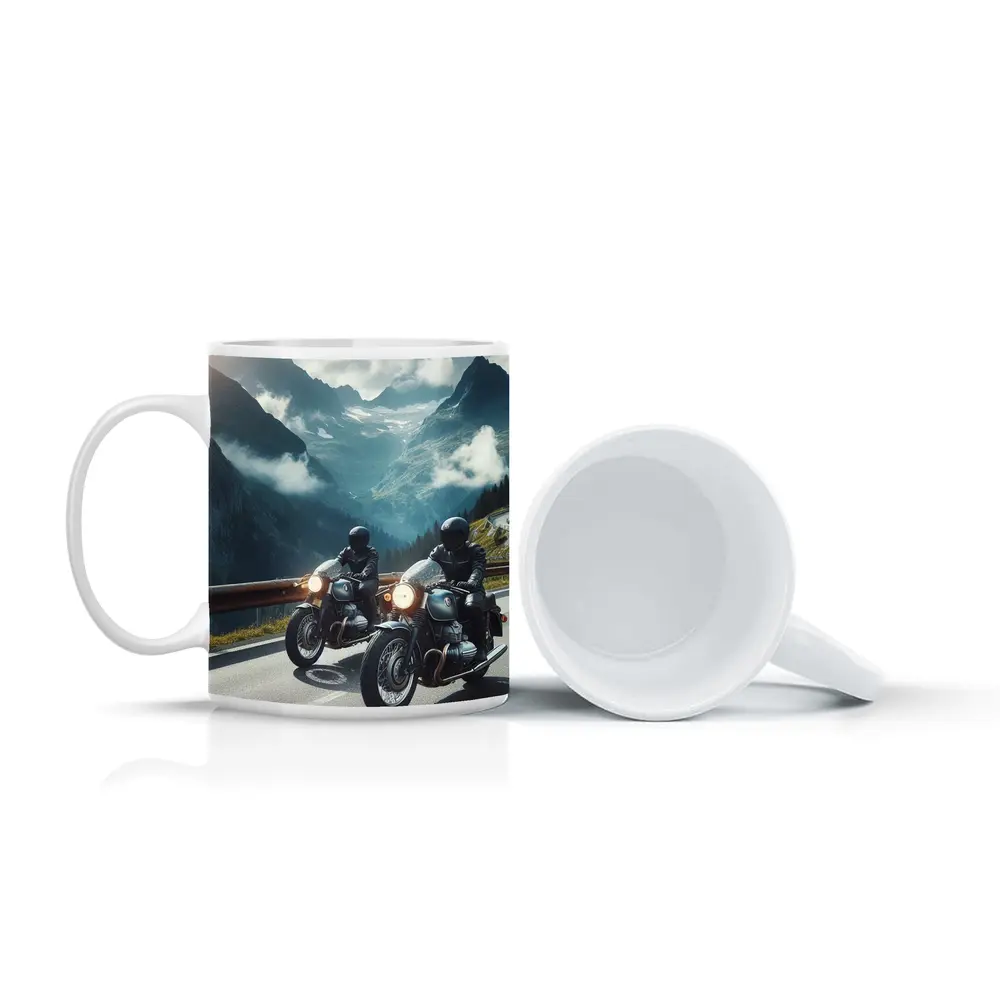 Two Classic Motorcycles on Mountain Road – Mugs