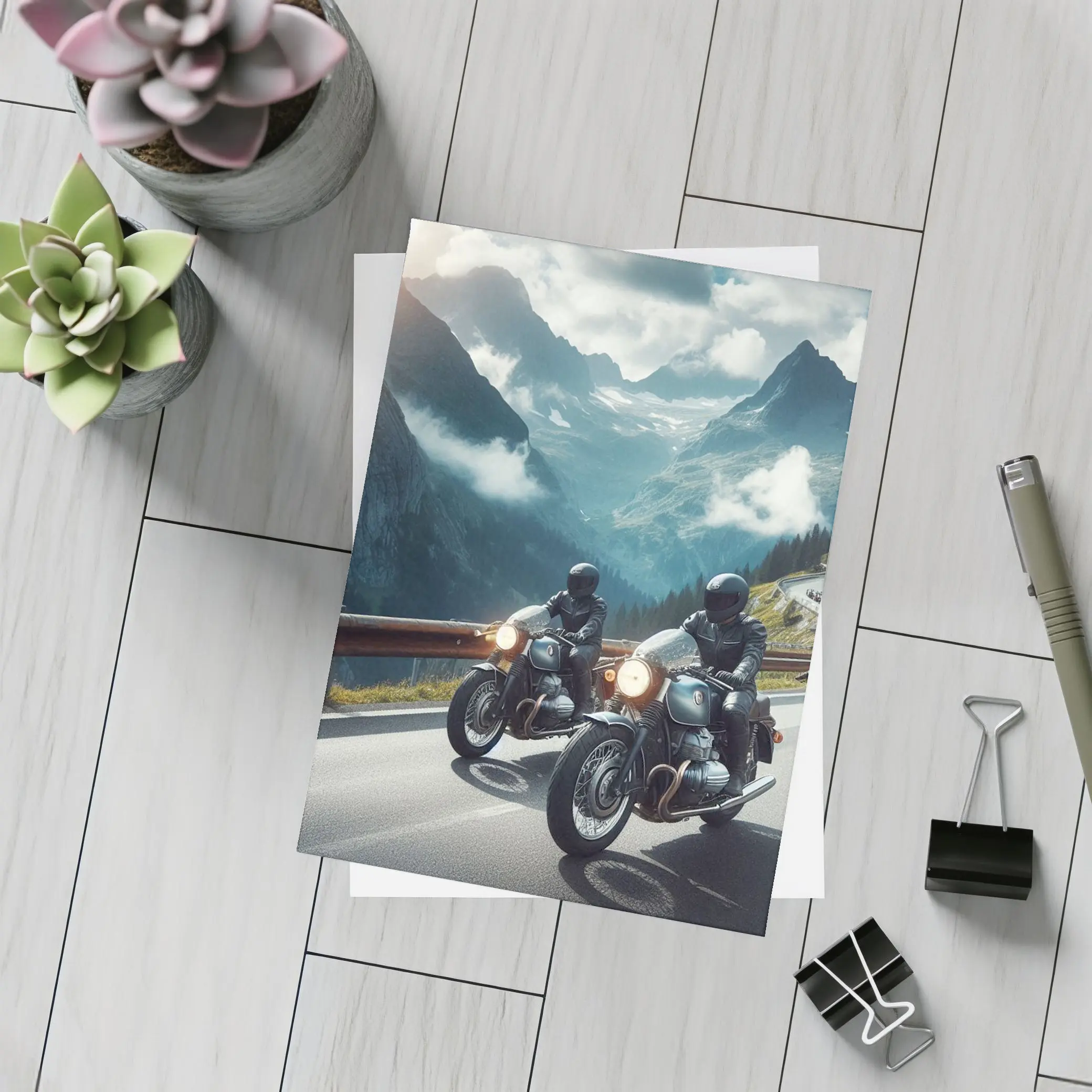 Two Classic Motorcycles on Mountain Road – Postcards
