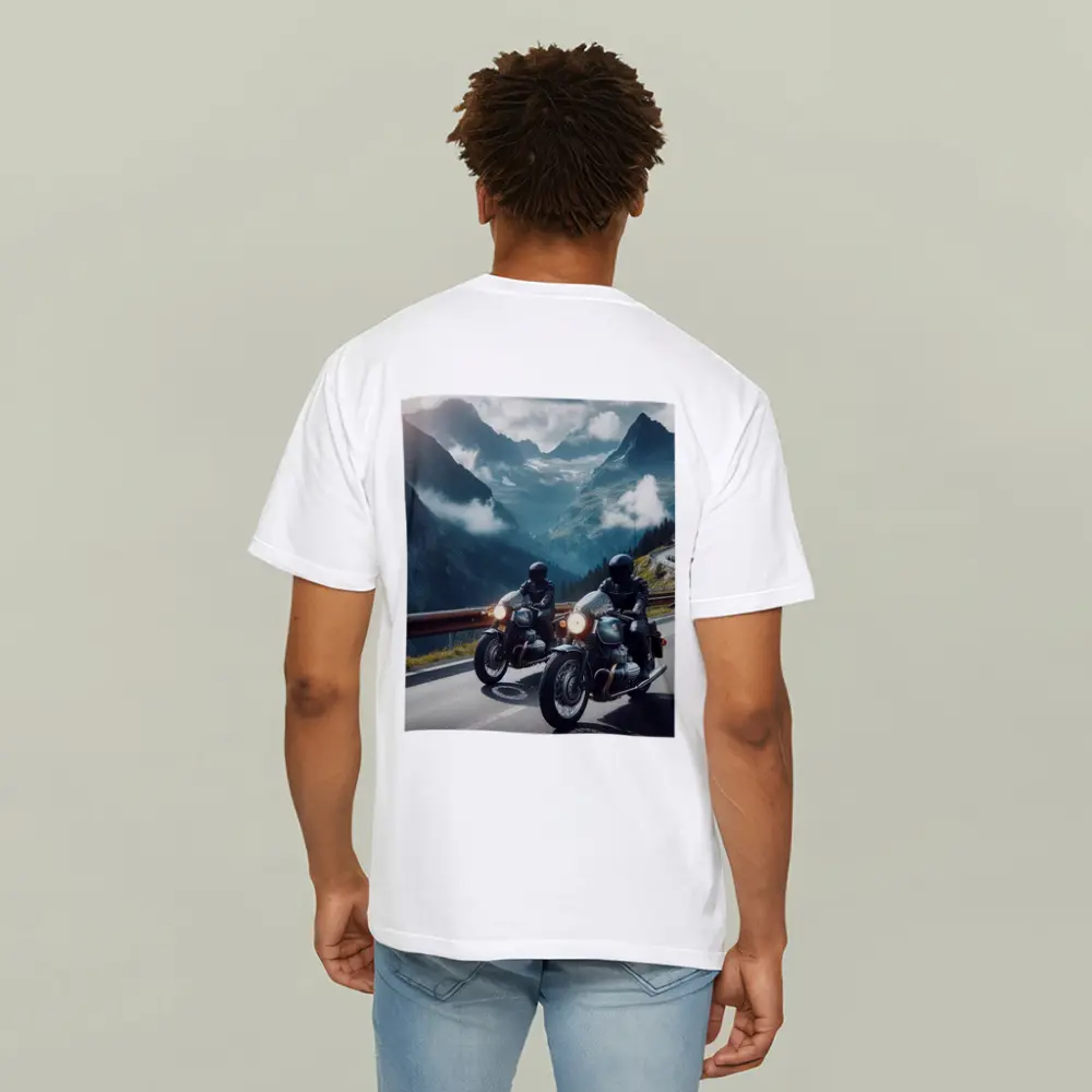 Two Classic Motorcycles on Mountain Road – T-Shirts