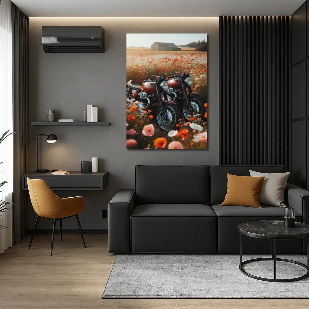 Classic Cafe Racer Motorcycles Wildflower Field – Wall Art