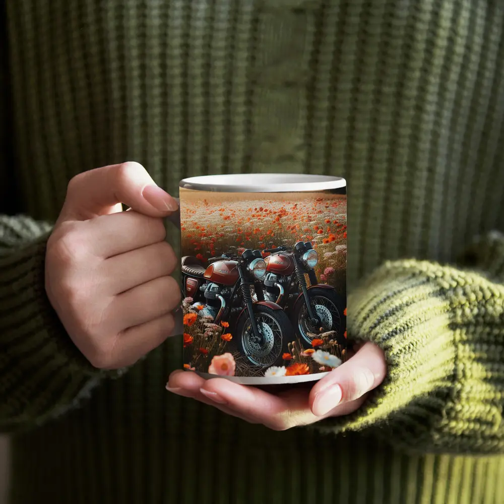 Classic Cafe Racer Motorcycles Wildflower Field – Mugs