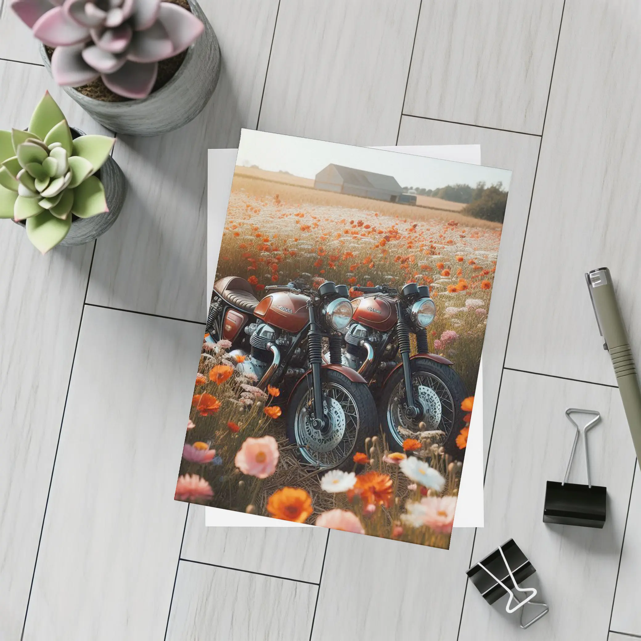 Classic Cafe Racer Motorcycles Wildflower Field – Postcards