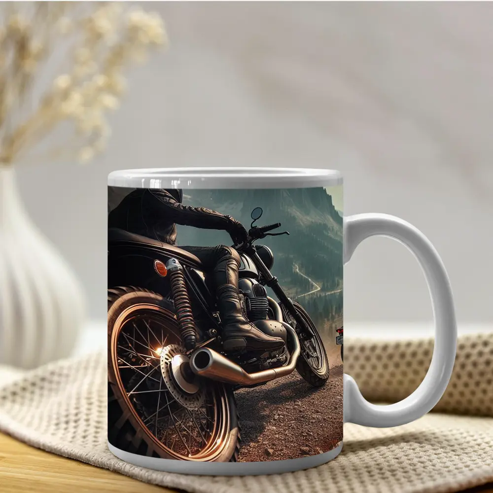 Scrambler Motorcycle Rider Mountain Road – Mugs