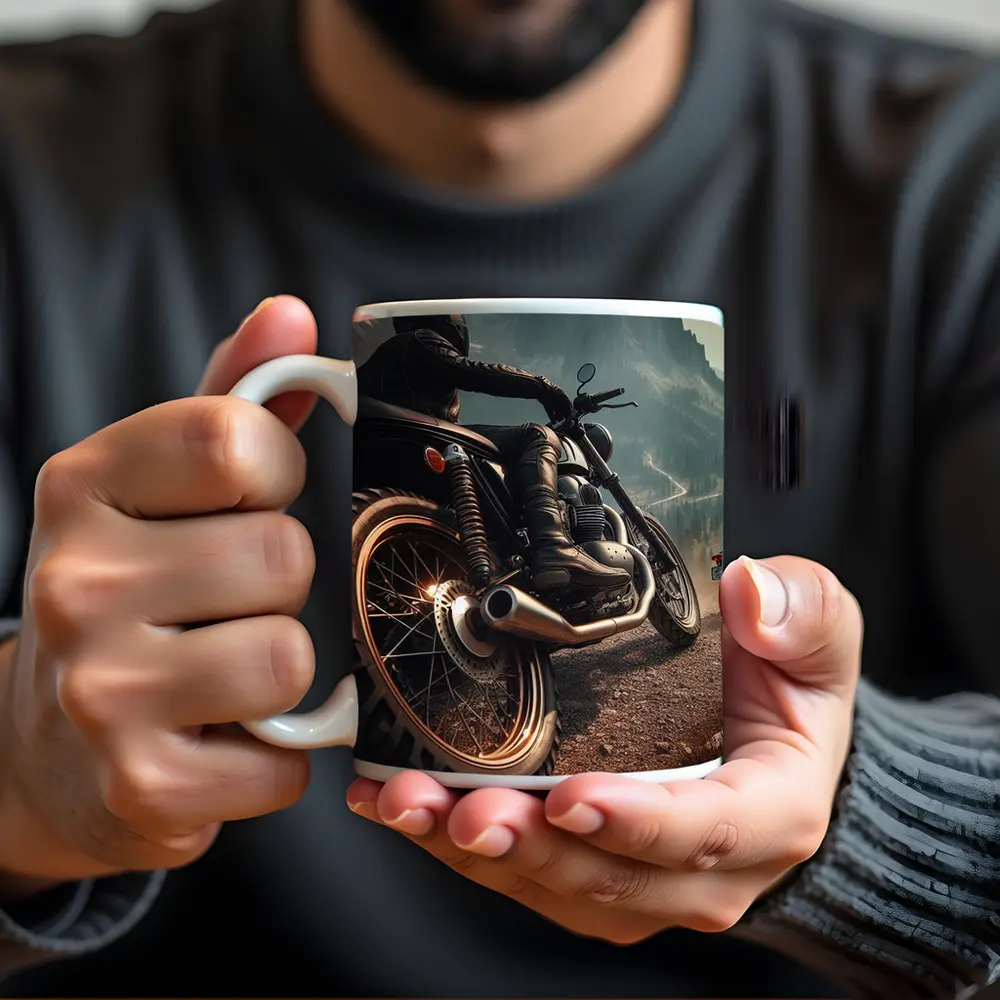 Scrambler Motorcycle Rider Mountain Road – Mugs