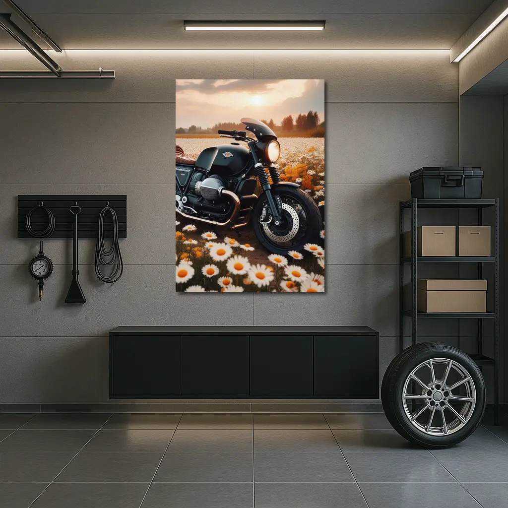 Cafe Racer Motorcycle Daisy Field Sunset – Wall Art