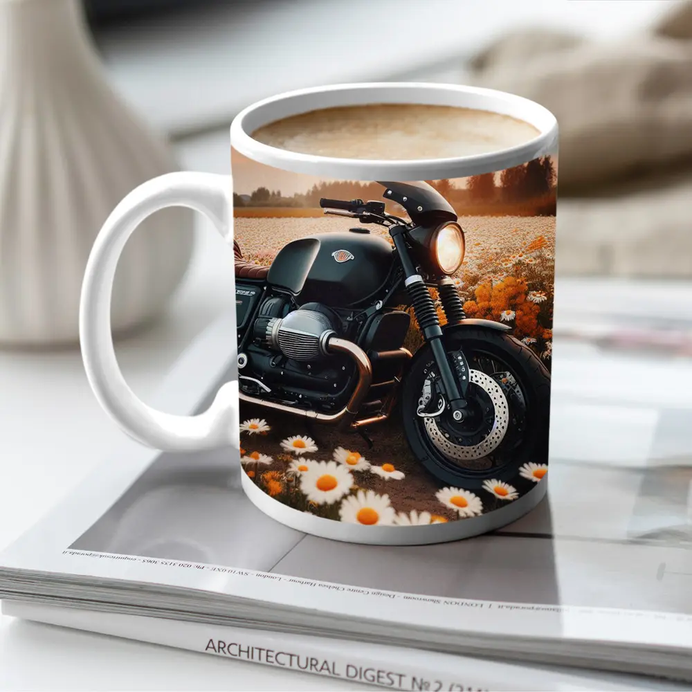 Cafe Racer Motorcycle Daisy Field Sunset – Mugs