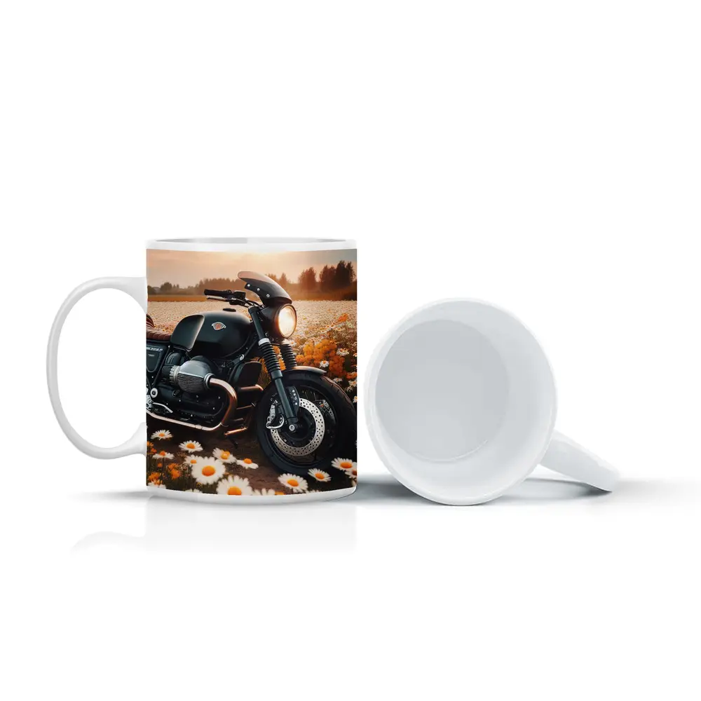 Cafe Racer Motorcycle Daisy Field Sunset – Mugs