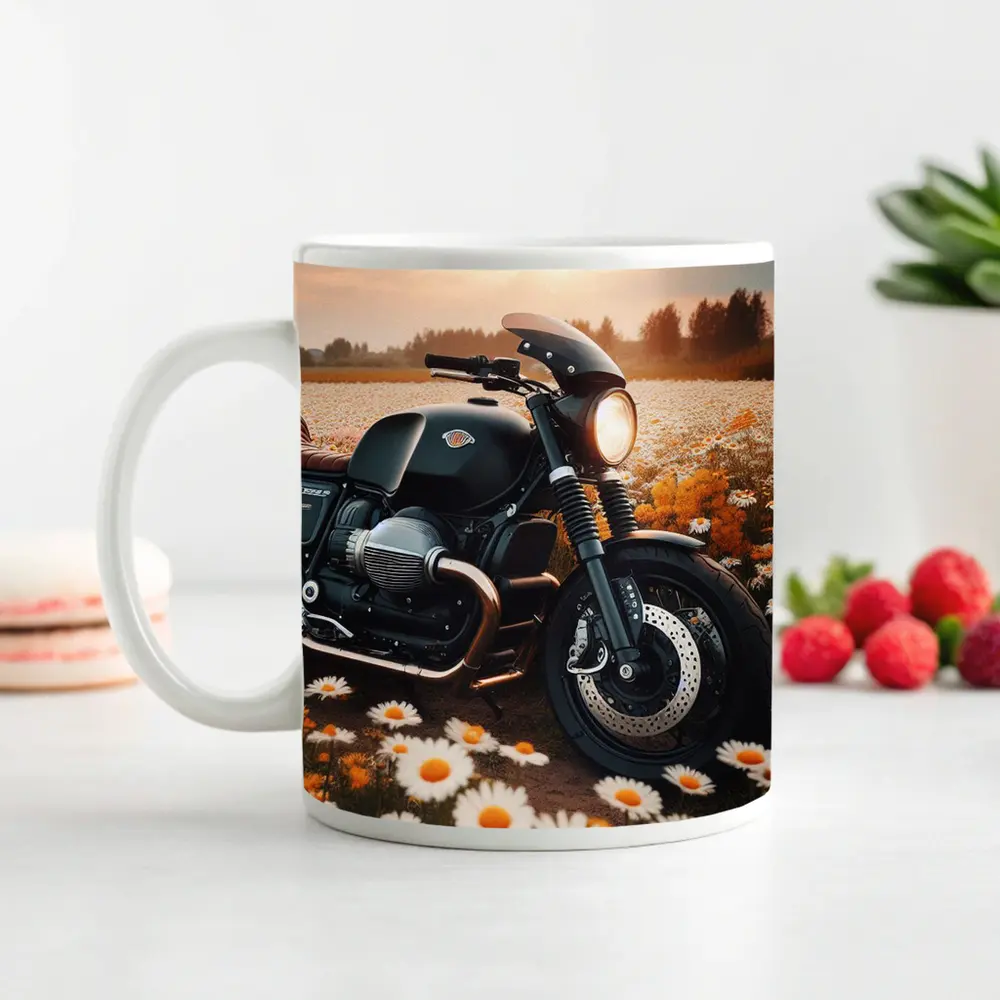 Cafe Racer Motorcycle Daisy Field Sunset – Mugs